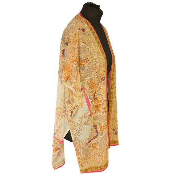 Flying Tomato Pink and Cream Sheer Long Line Duster Kimono Cover Up Size M - Picture 2 of 7